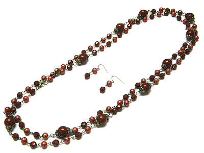 Formica round beads and small metal ball long necklace and earring set