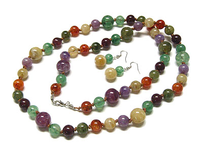 Multi color glass marble ball long necklace and earring set