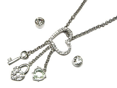 Crystal heart and lick and key necklace and earring set