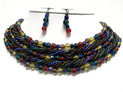 Multi strand woven glass ball and seed beads necklace earring set 