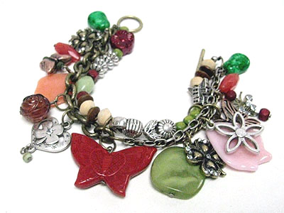 Antique sty;e butterfly and multi charm dangle bracelet