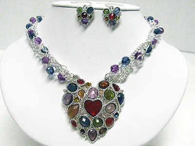 Facet glass stone deco large heart pendant and braided chain necklace set