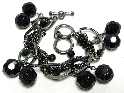 Facet jet stone dangle multi chain link bracelet