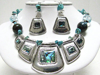 Abalone and natural mixed chip stone necklace wearring set 