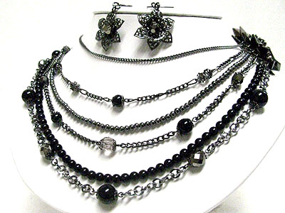 Multi row chain and glass ball long necklace set