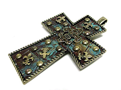 Crystal and patina metal fleur de lis cross pendant