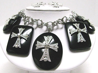 Crystal cross deco marblic charm dangle chain necklace set