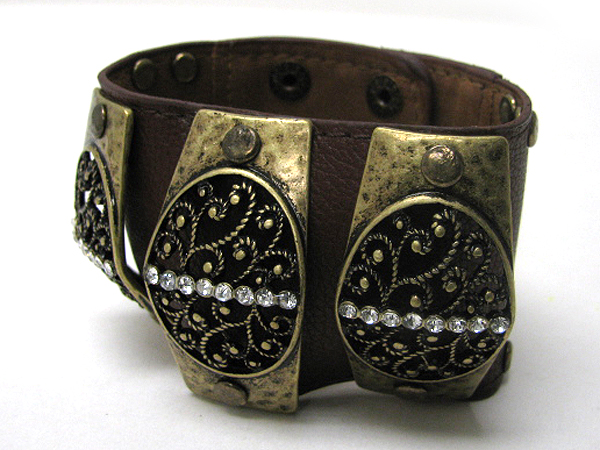 Crystal deco metal art stud leather wristband