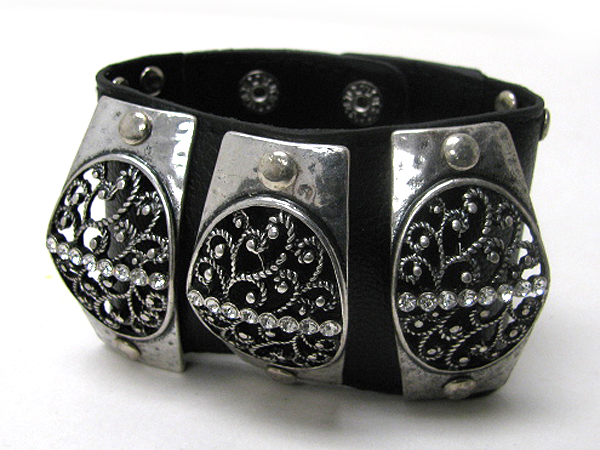 Crystal deco metal art stud leather wristband