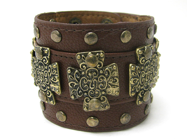 Metal cross stud leather wristband