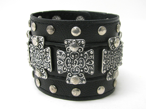 Metal cross stud leather wristband