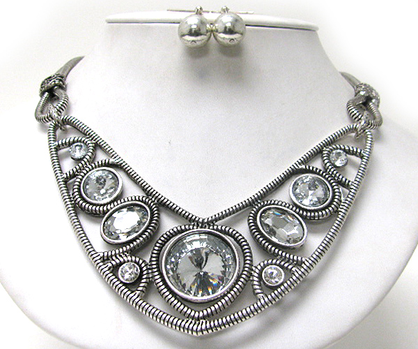 Architectural style crystal stud metal art v necklace earring set