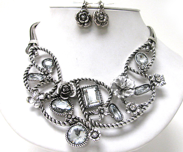 Architectural style crystal and flower art v necklace earring set