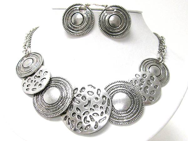 Metal art round disk link necklace earring set