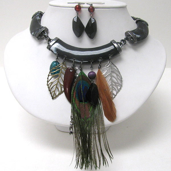 Peacock feather and leaves charm dangle acryl bar choker set