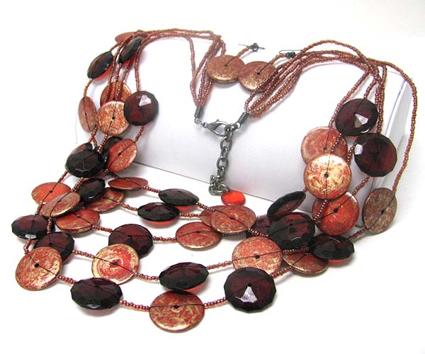 Glass and patina disk link long necklace earring set