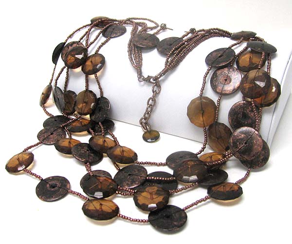 Glass and patina disk link long necklace earring set