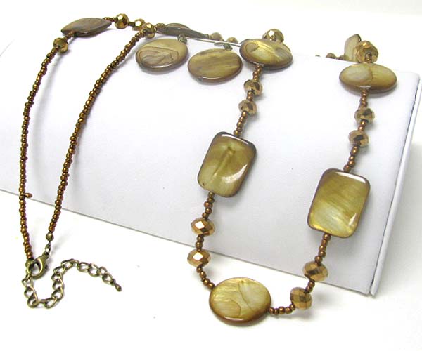 Shell disk and glass beads link long necklace earring set