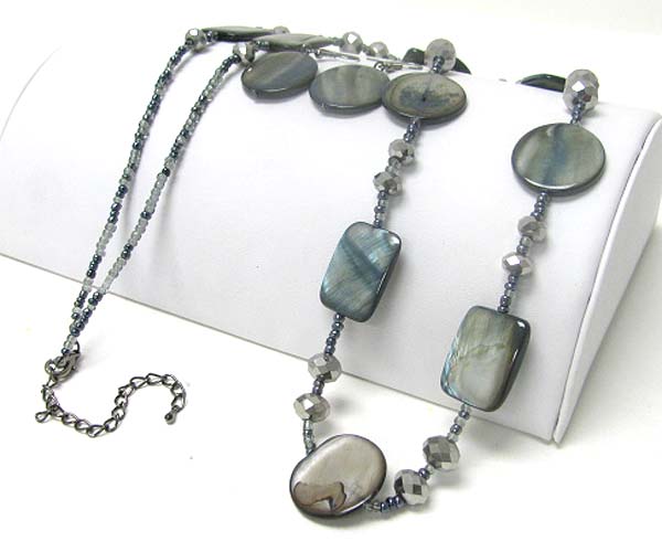 Shell disk and glass beads link long necklace earring set