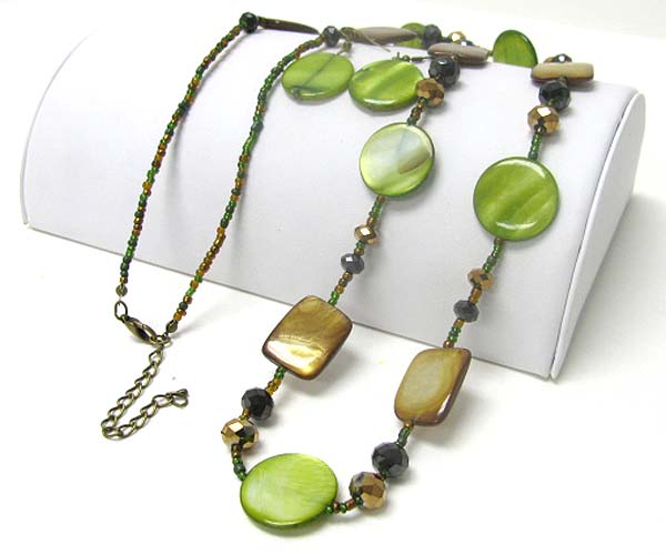 Shell disk and glass beads link long necklace earring set