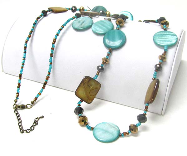 Shell disk and glass beads link long necklace earring set