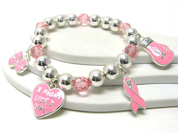 Pink ribbon charm dangle stretch bracelet - breast cancer awareness