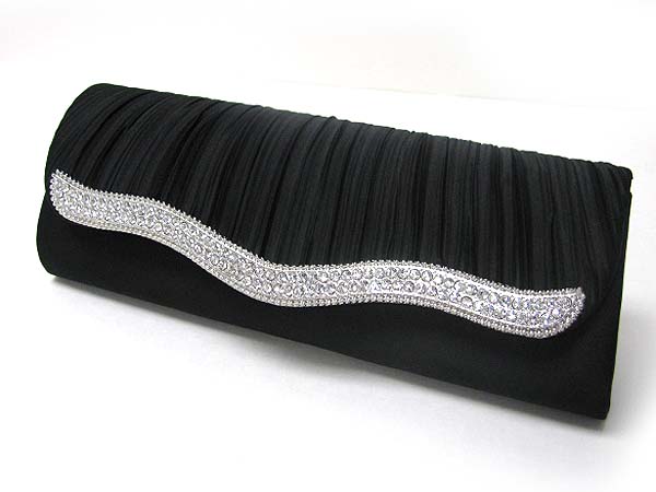 Crystal deco pleated satin flap clutch bag - metal chain strap included