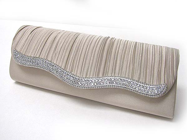 Crystal deco pleated satin flap clutch bag - metal chain strap included