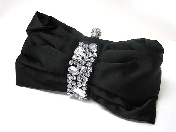 Crystal accent elegant satin bow clutch bag - metal chain strap included