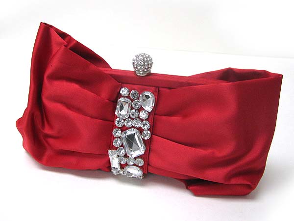 Crystal accent elegant satin bow clutch bag - metal chain strap included