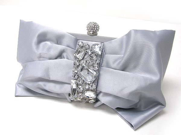 Crystal accent elegant satin bow clutch bag - metal chain strap included