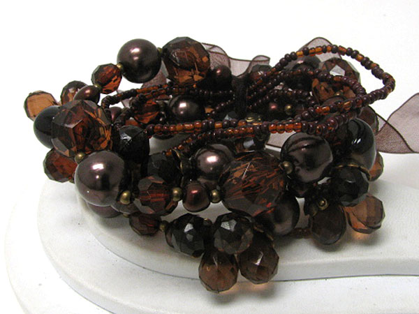 Scarf tied multi row mixed stone and beads stretch bracelet