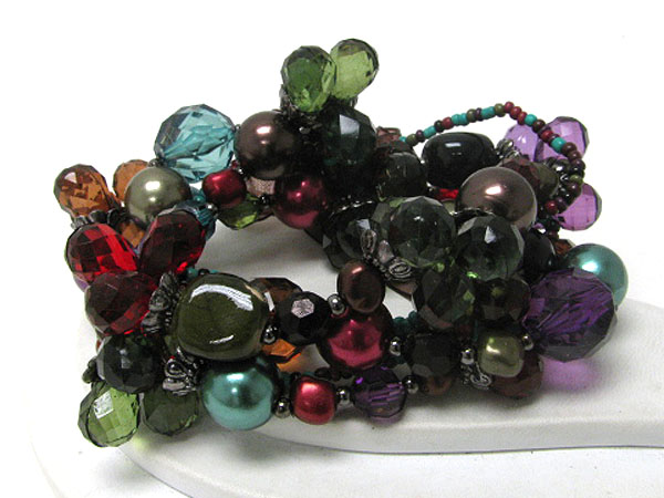 Scarf tied multi row mixed stone and beads stretch bracelet