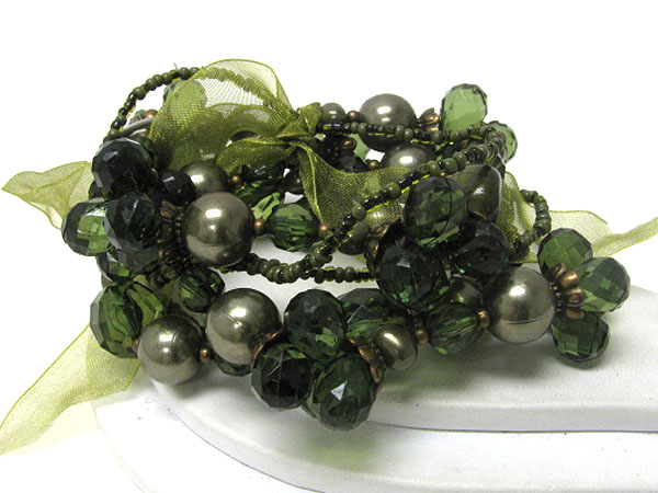 Scarf tied multi row mixed stone and beads stretch bracelet