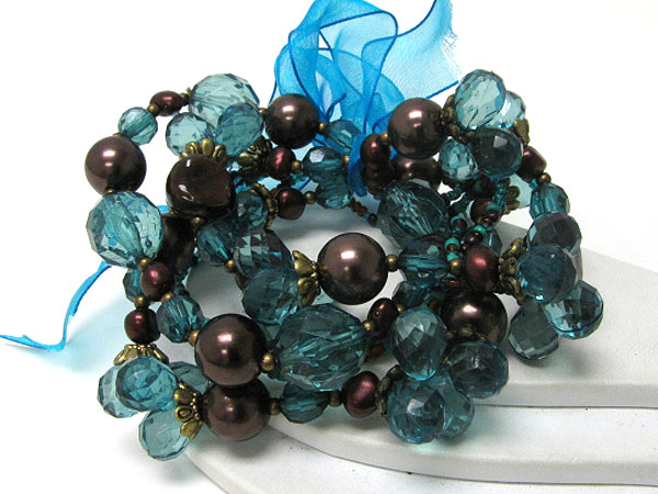 Scarf tied multi row mixed stone and beads stretch bracelet