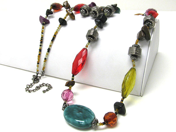 Mixed stone and beads deco long necklace earring set