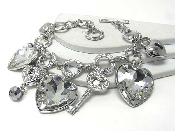 Facet glass heart and key charm bracelet