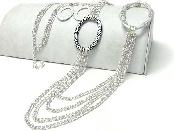 Multi chan and metal ring link long plunge necklace earring set