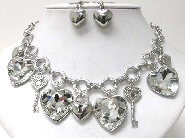 Facet glass multi heart and key charm necklace earring set