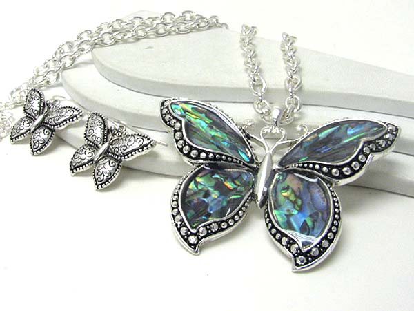 Abalon deco butterfly pendant necklace earring set