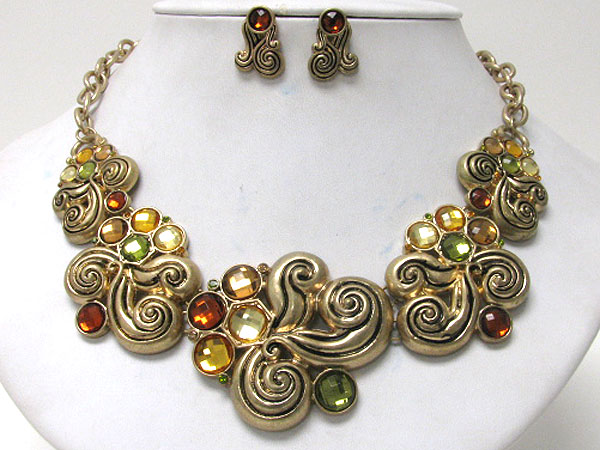 Facet stone metal art deco necklace earring set