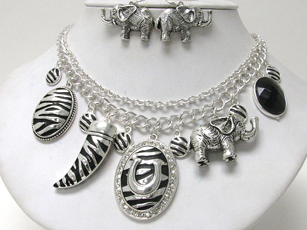 Zebra pattern multi elephant theme charm dangle necklace earring set