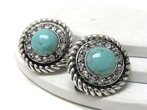 Turquoise stone and crystal stud round metal casting clip on earring