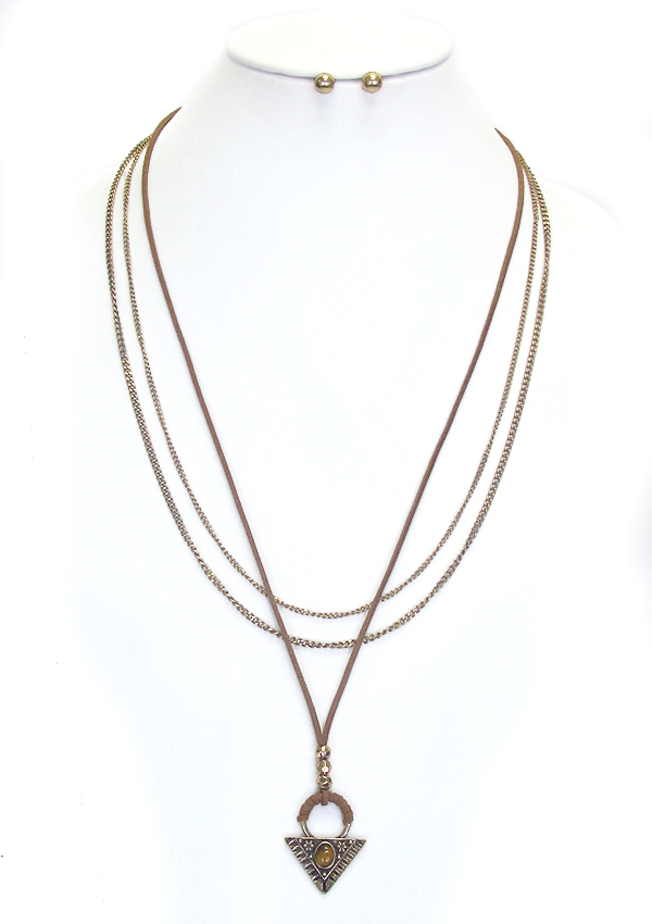 Suede and fine metal chain mix 3 layer bohemian necklace set