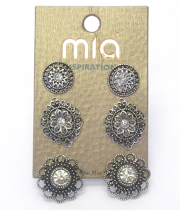 Metal filigree disk 3 pair earring set