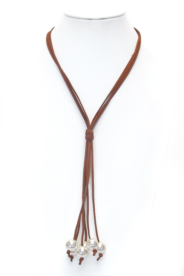 Long leatherette tassel pearl drop necklace