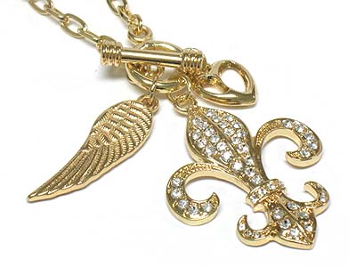 Crystal paved fleur de lis pendant and wing charm toggle necklace