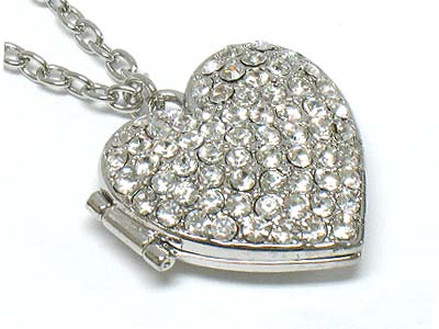 Rhinestone paved heart locket pendant necklace