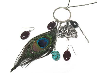 Metal peacock and feather charm necklace and earring set 