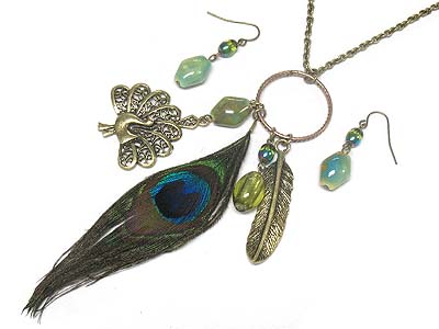 Metal peacock and feather charm necklace and earring set